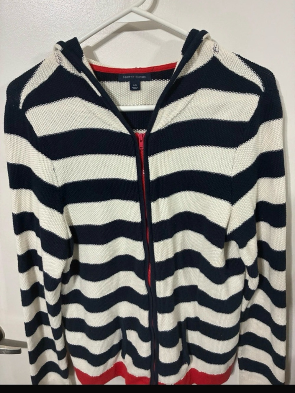 Tommy Hilfiger Striped Knit Full Zip Hoodie Sweater Navy White Red